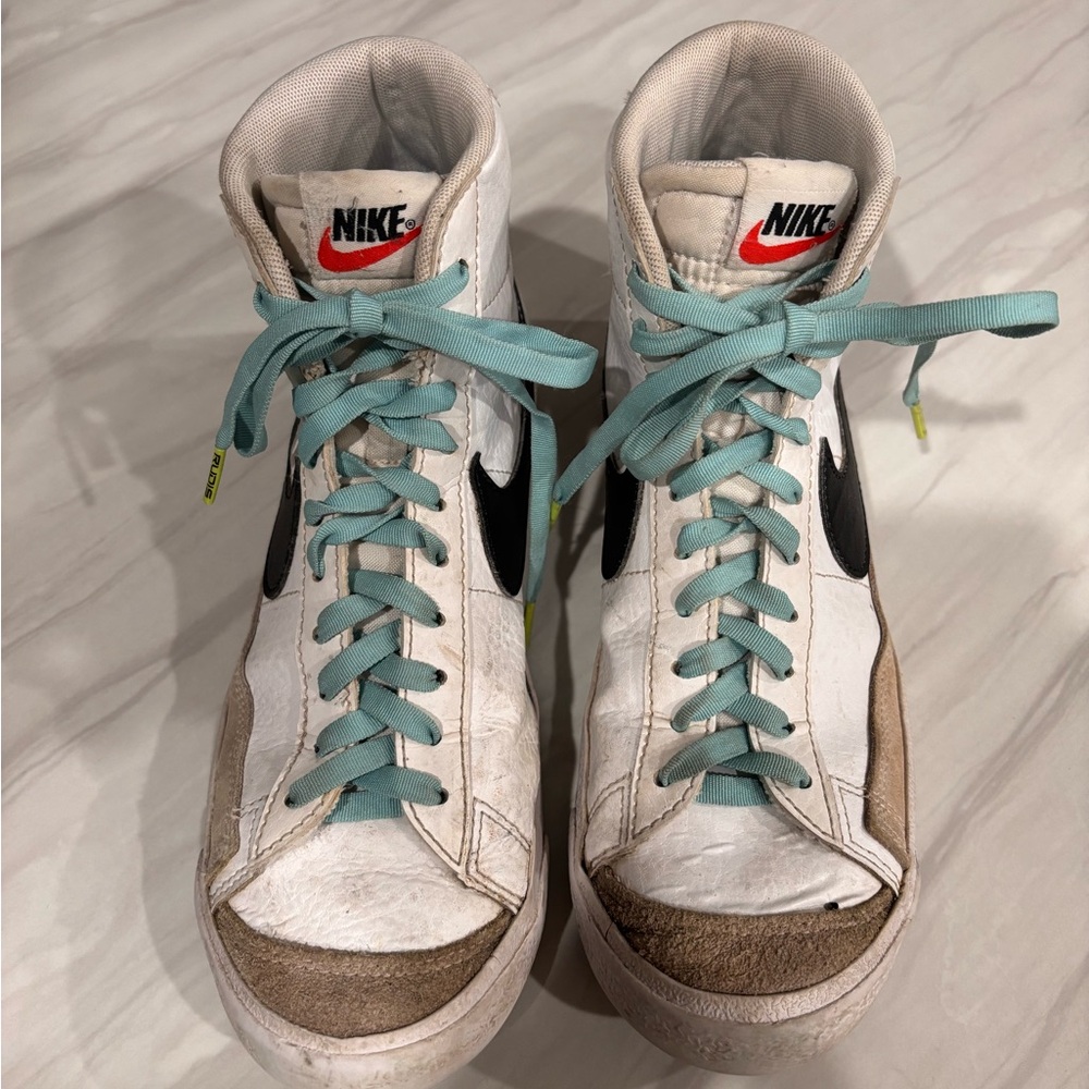 Nike Youth Blazer High-Top Sneakers - White and Brown with Blue Laces